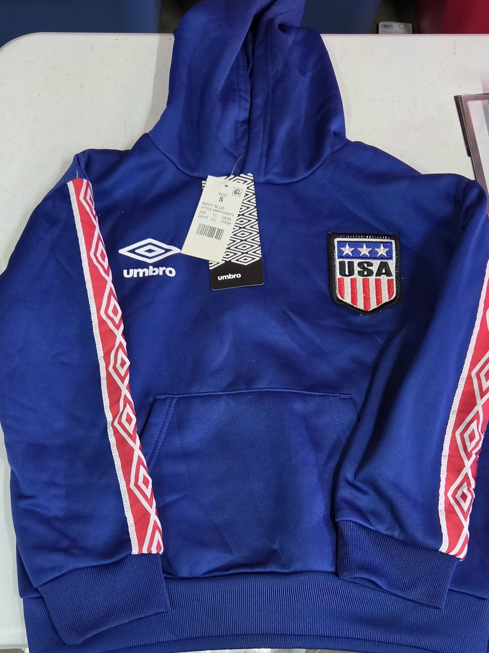 Umbro Blue USA Crest Crewneck Hoodie with Red Stripe Detail